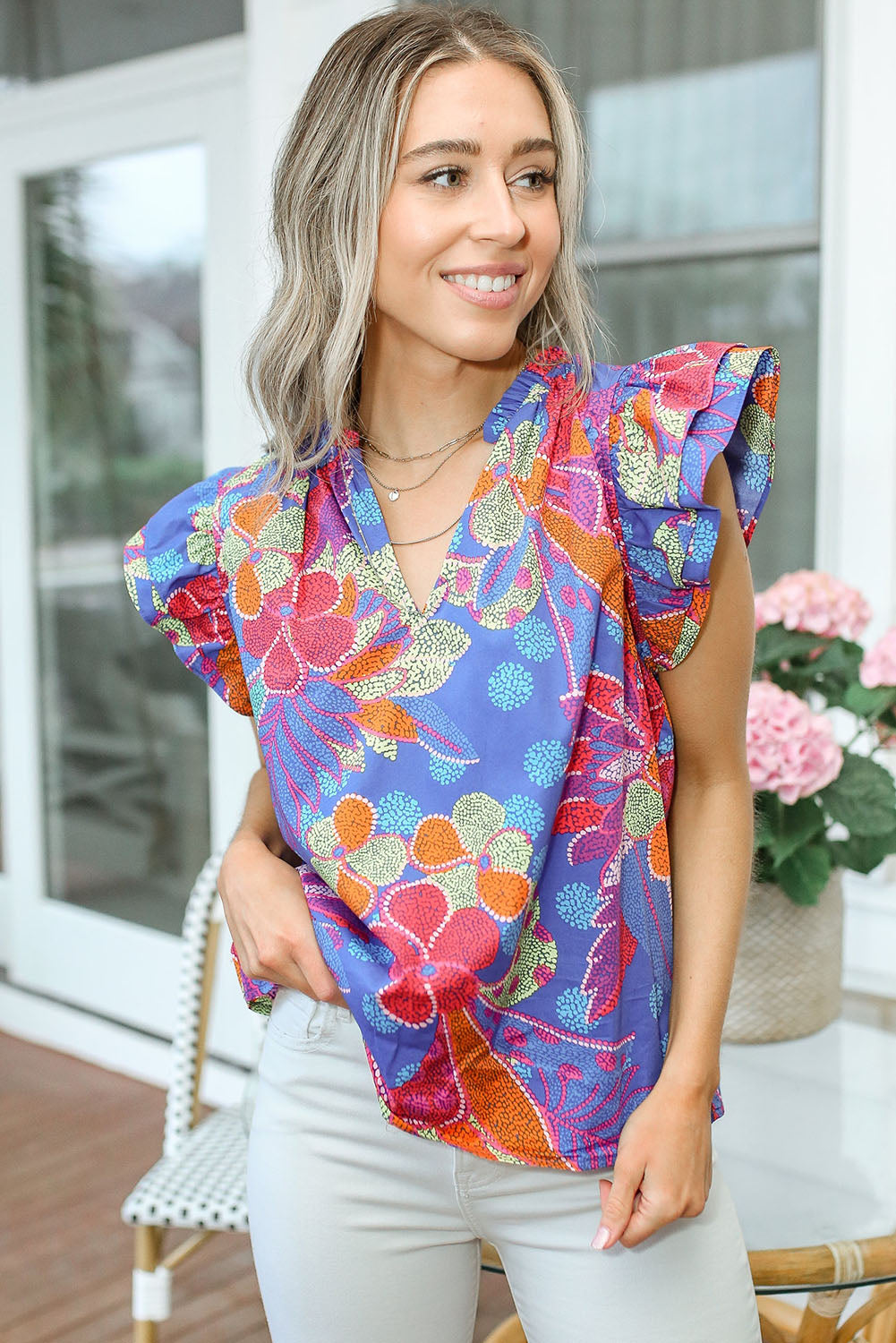 Blue Split V Neck Flutter Floral Top