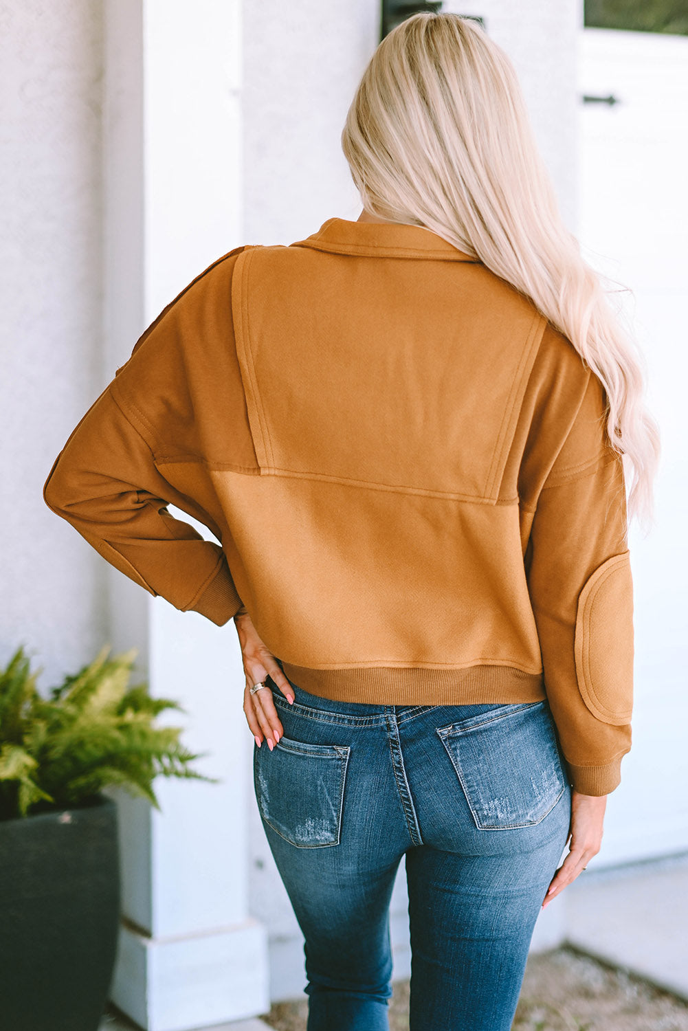 Brown Zip Collared Big Flap Pocket Exposed Seam Sweatshirt