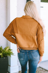 Brown Zip Collared Big Flap Pocket Exposed Seam Sweatshirt