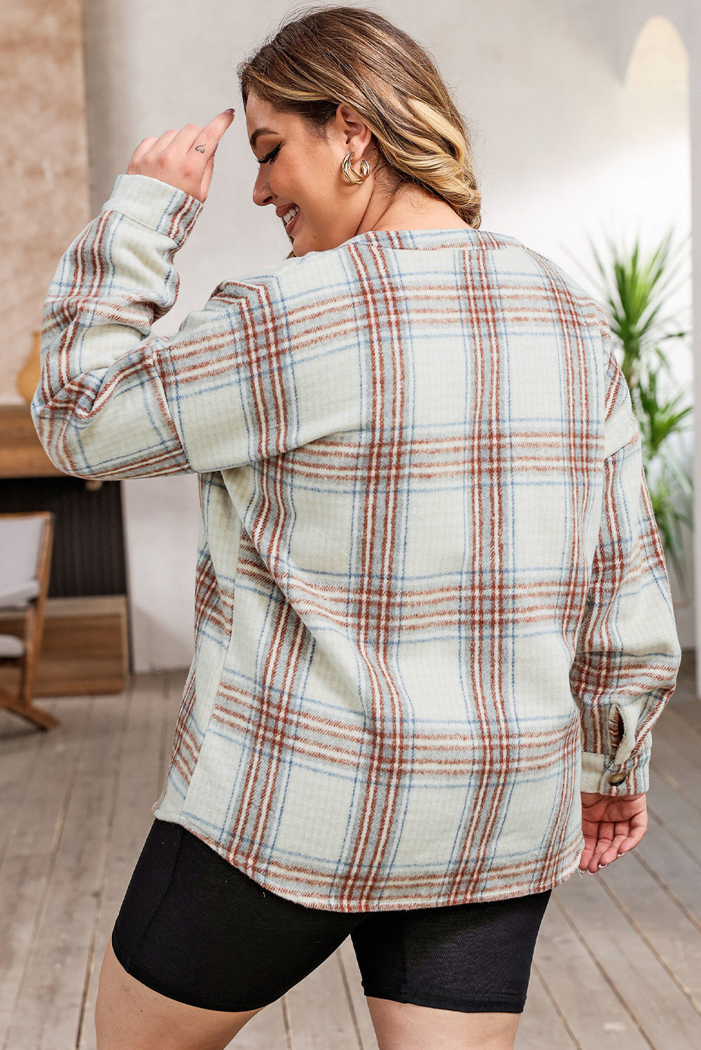 Beige Plus Size Plaid Half-Zipper Sweatshirt with Chest Pocket