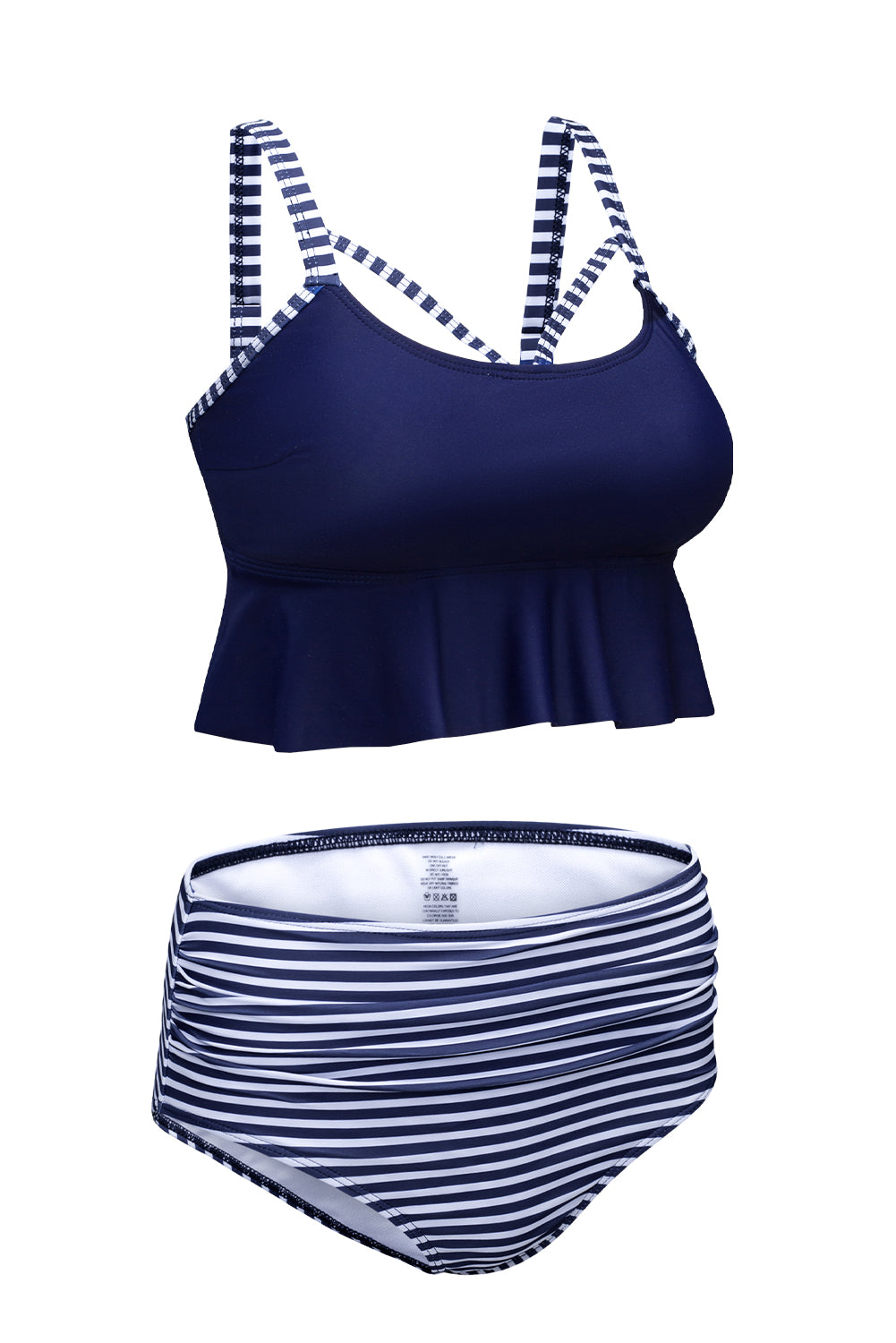 Blue Cutout Ruffle Crop Top and Striped High Waist Bikini Set