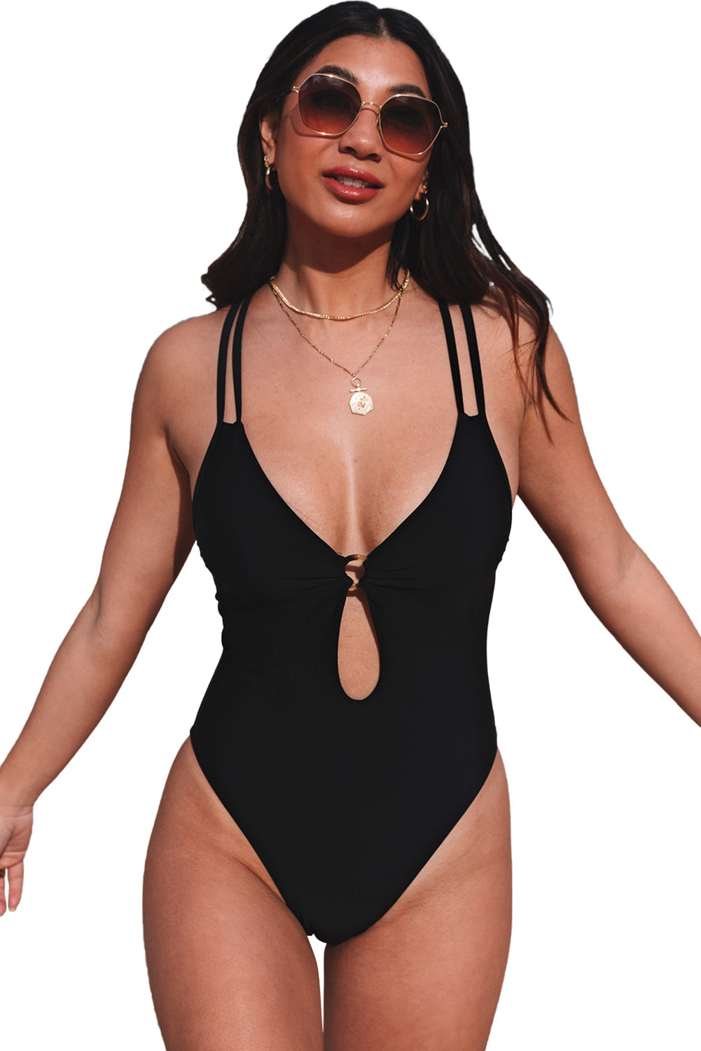 Black O-ring Decor Hollowed Strappy One Piece Swimsuit