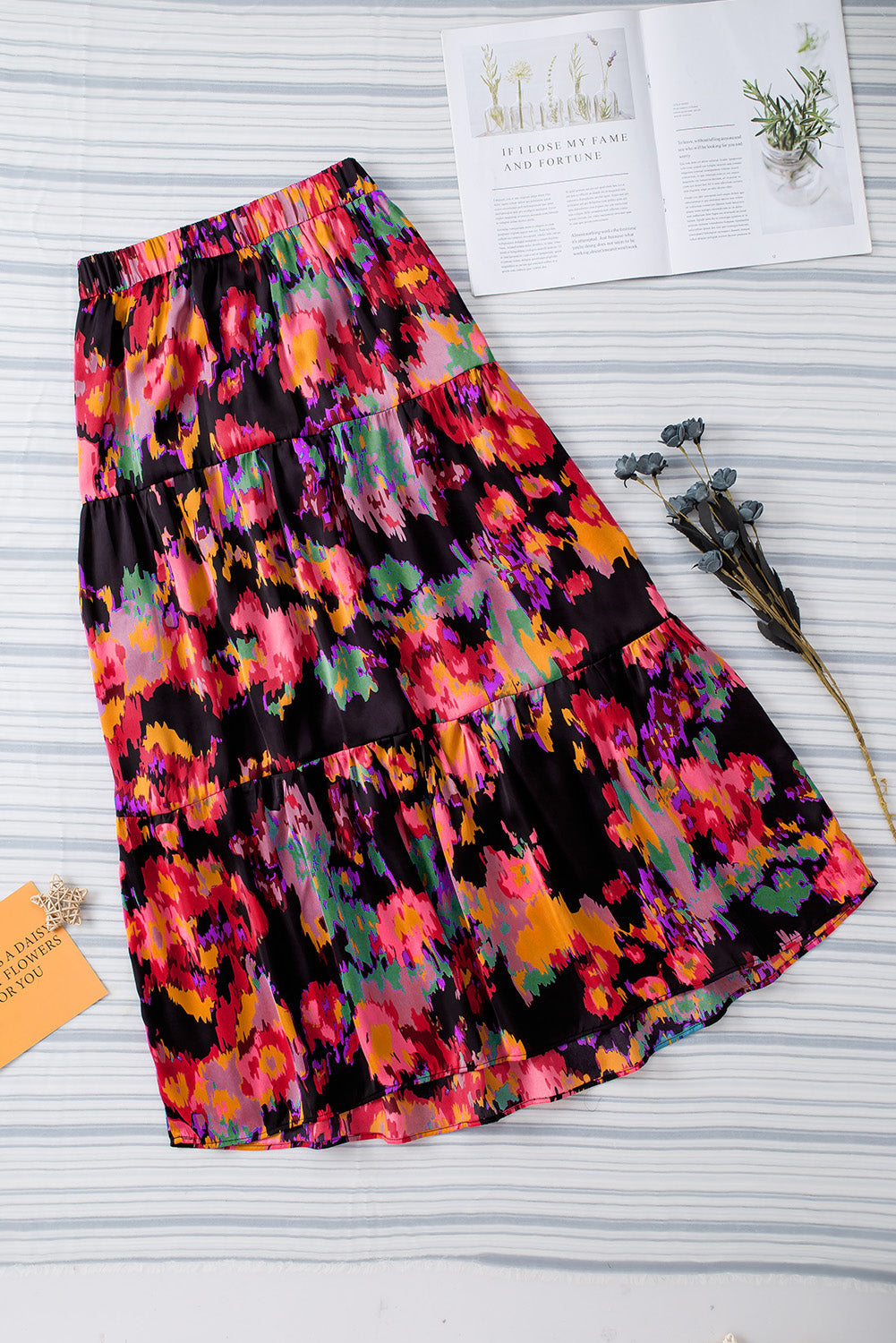 Black Abstract Floral Print High Waist Maxi Skirt