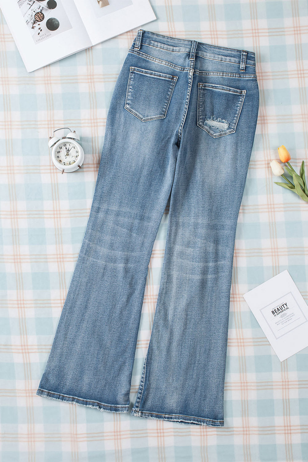 Sky Blue High Waist Ripped Raw Hemline Flare Jeans