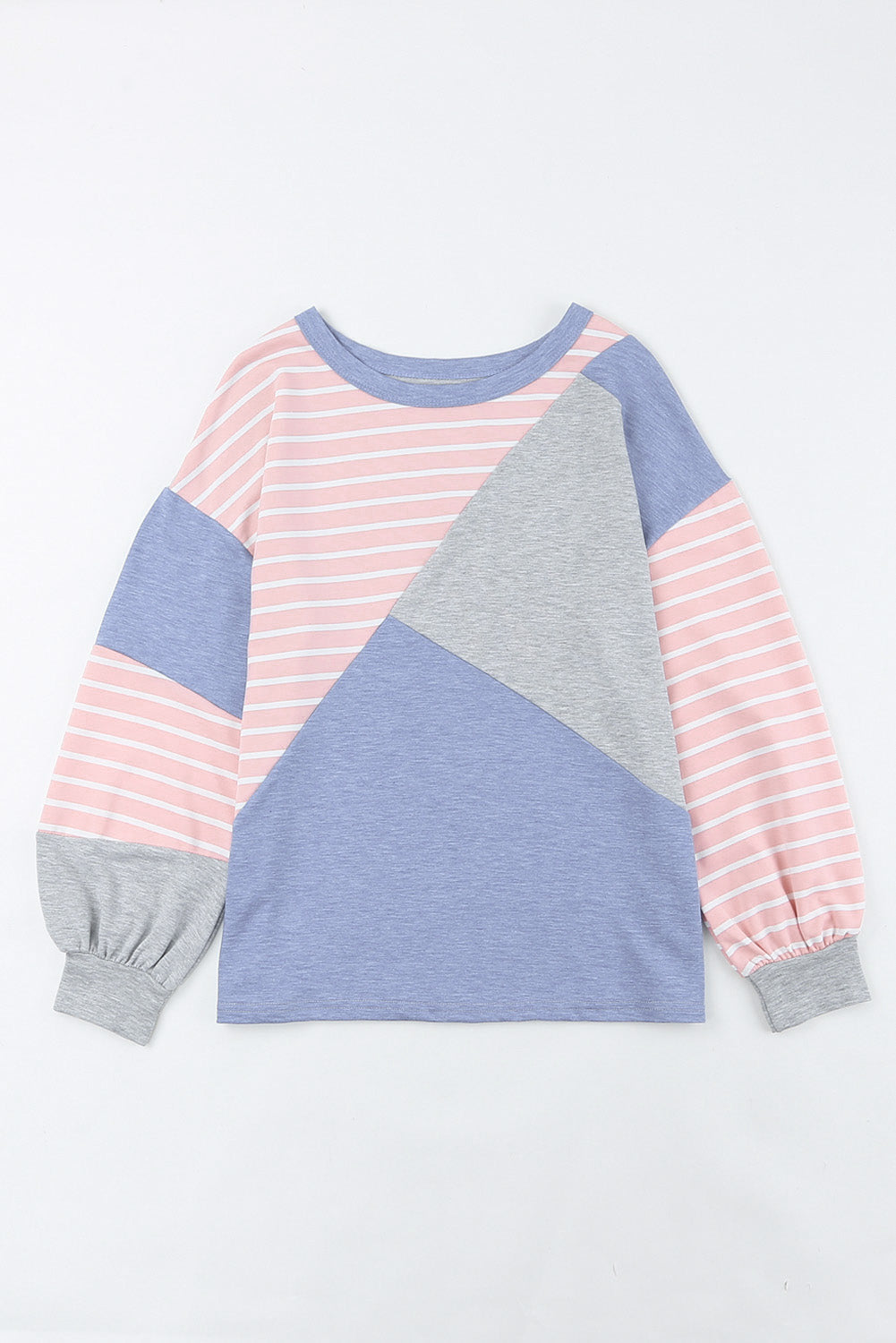 Sky Blue Striped Patchwork Color Block Long Sleeve Top