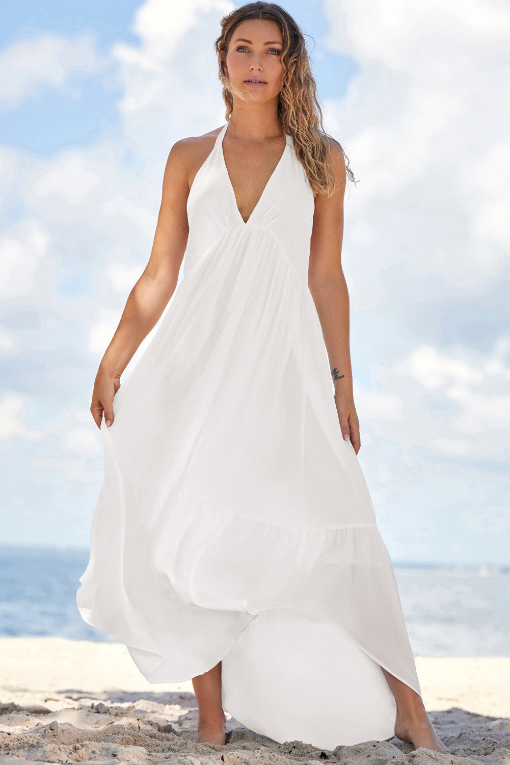 White Halter Neck Deep V Backless Asymmetric Maxi Dress
