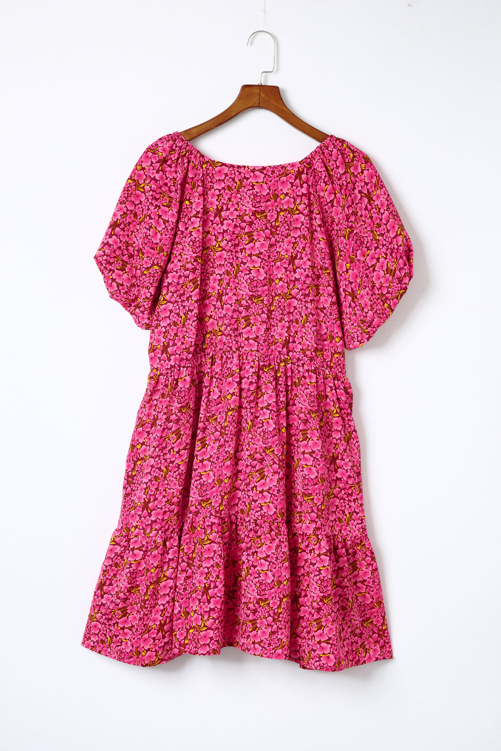 Khaki Floral Print Tiered Flutter Sleeve V Neck Top