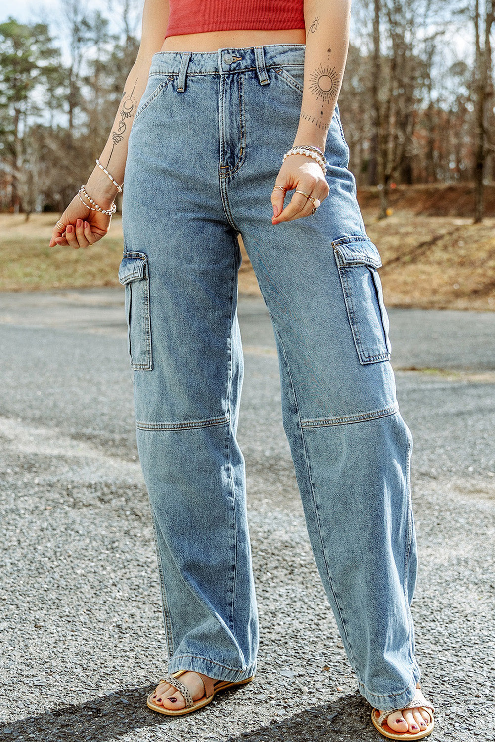 Sky Blue Cool Cargo Style Wide Leg Jeans