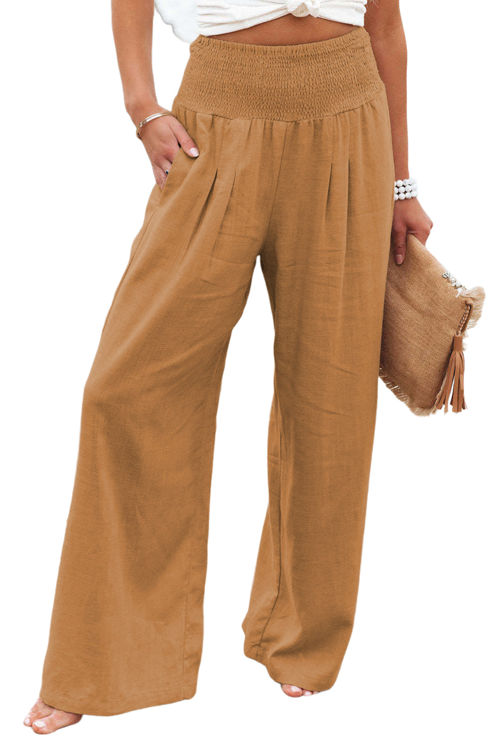 Black Smocked Wide Waistband High Waist Wide Leg Pants