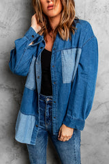 Blue Color Block Buttoned Denim Jacket