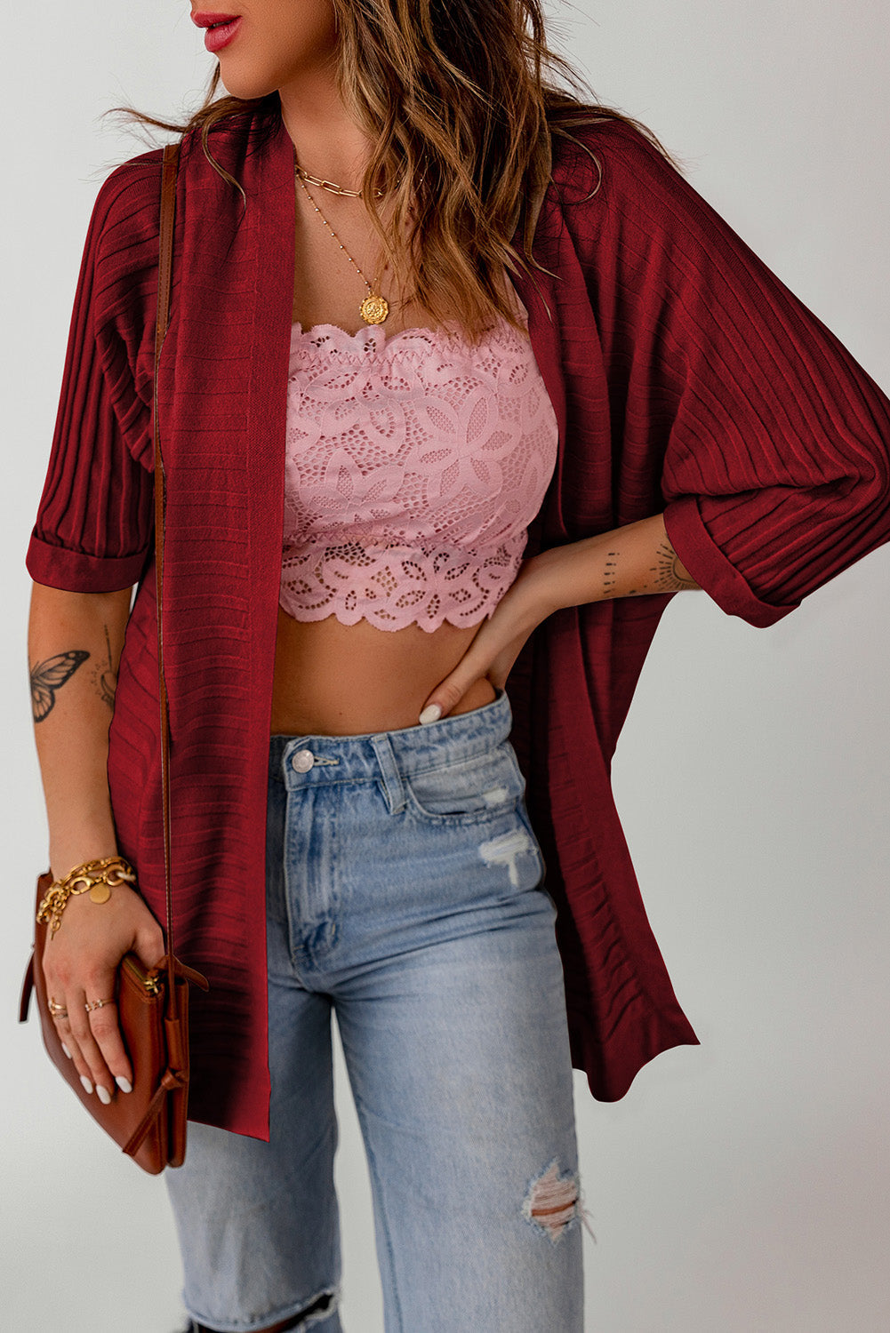 Red Ribbed Open Front Knit Cardigan