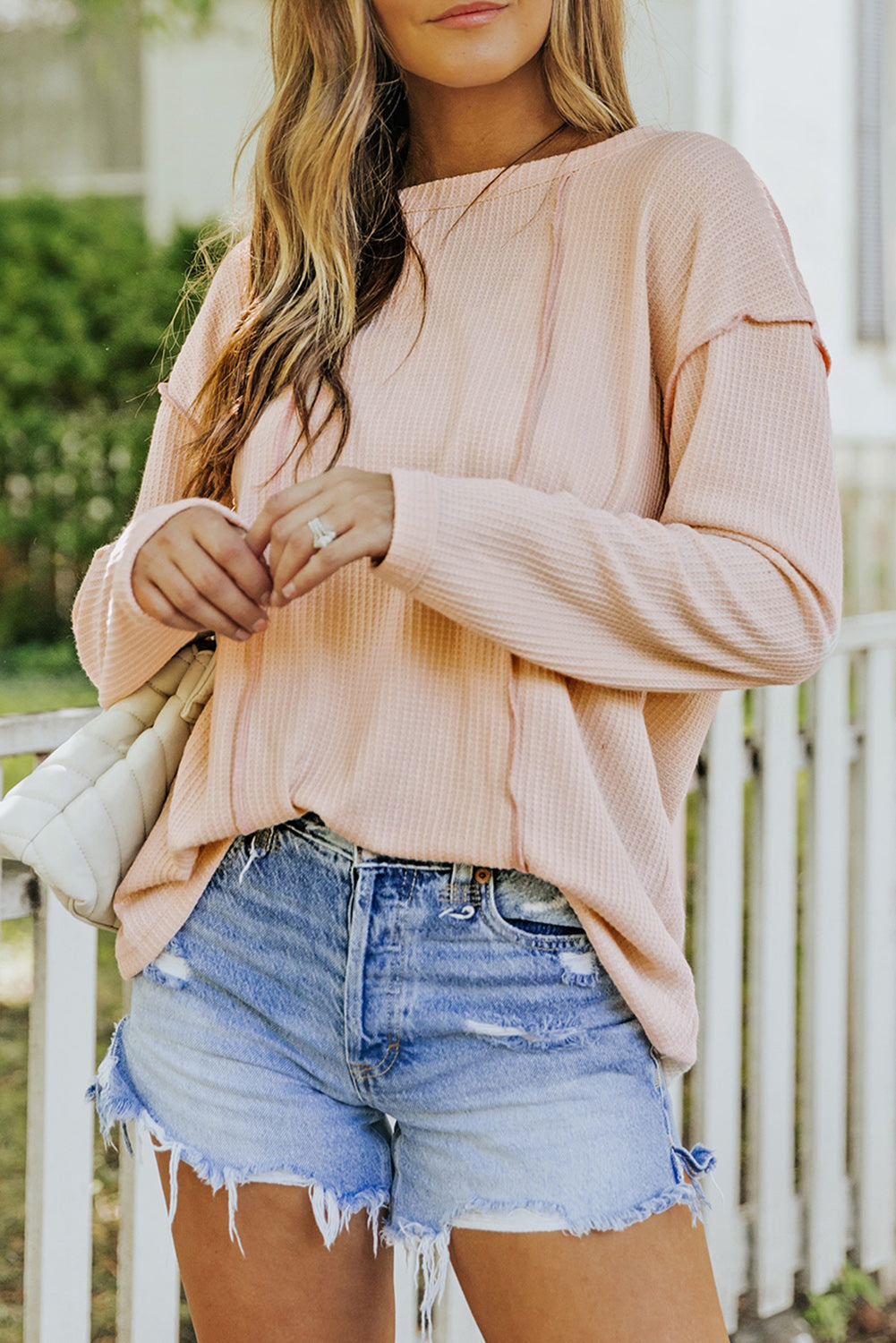 Apricot Waffle Knit Patchwork Long Sleeve Top