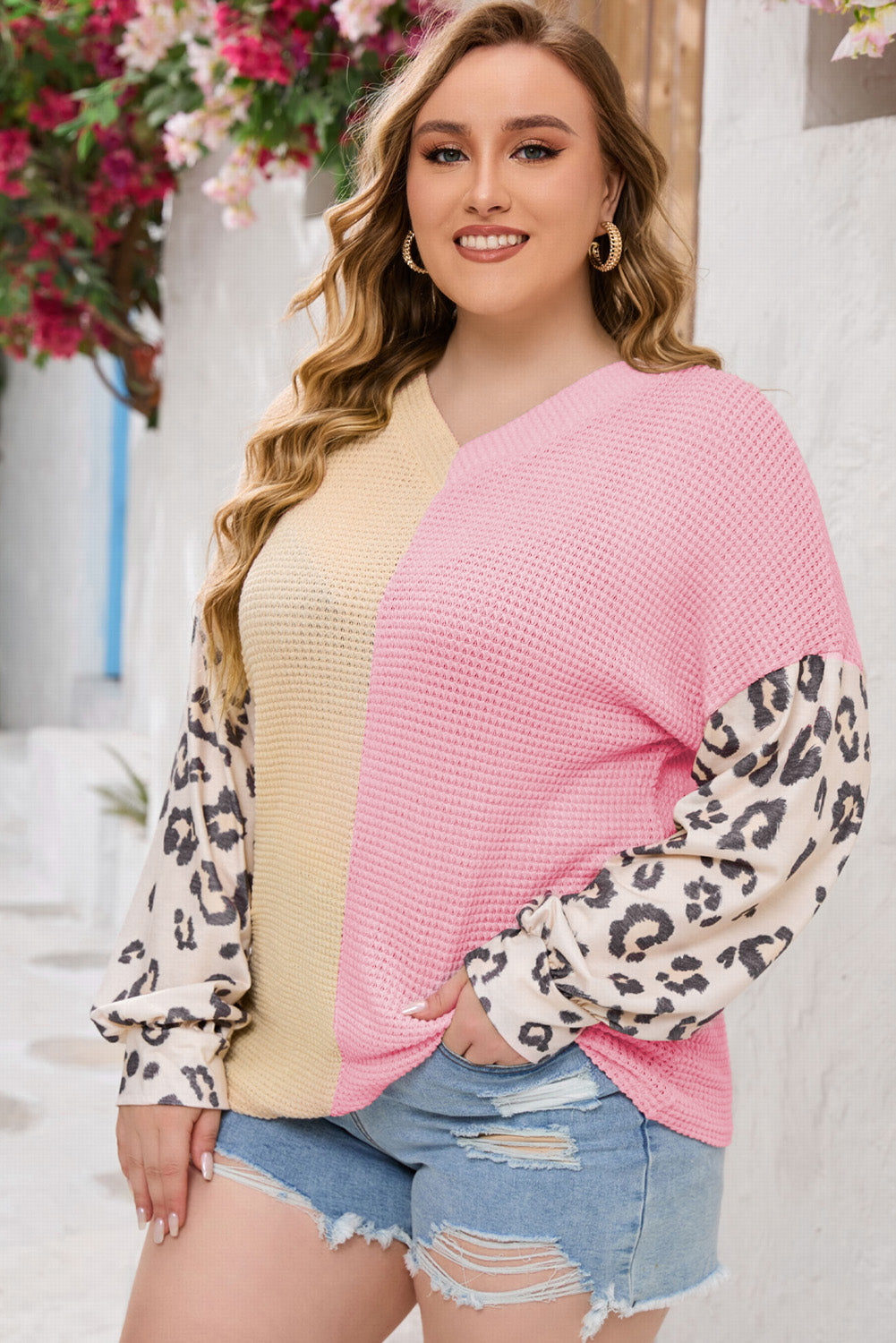 Pink Plus Size Leopard Sleeve Color Block Waffle Knit Top