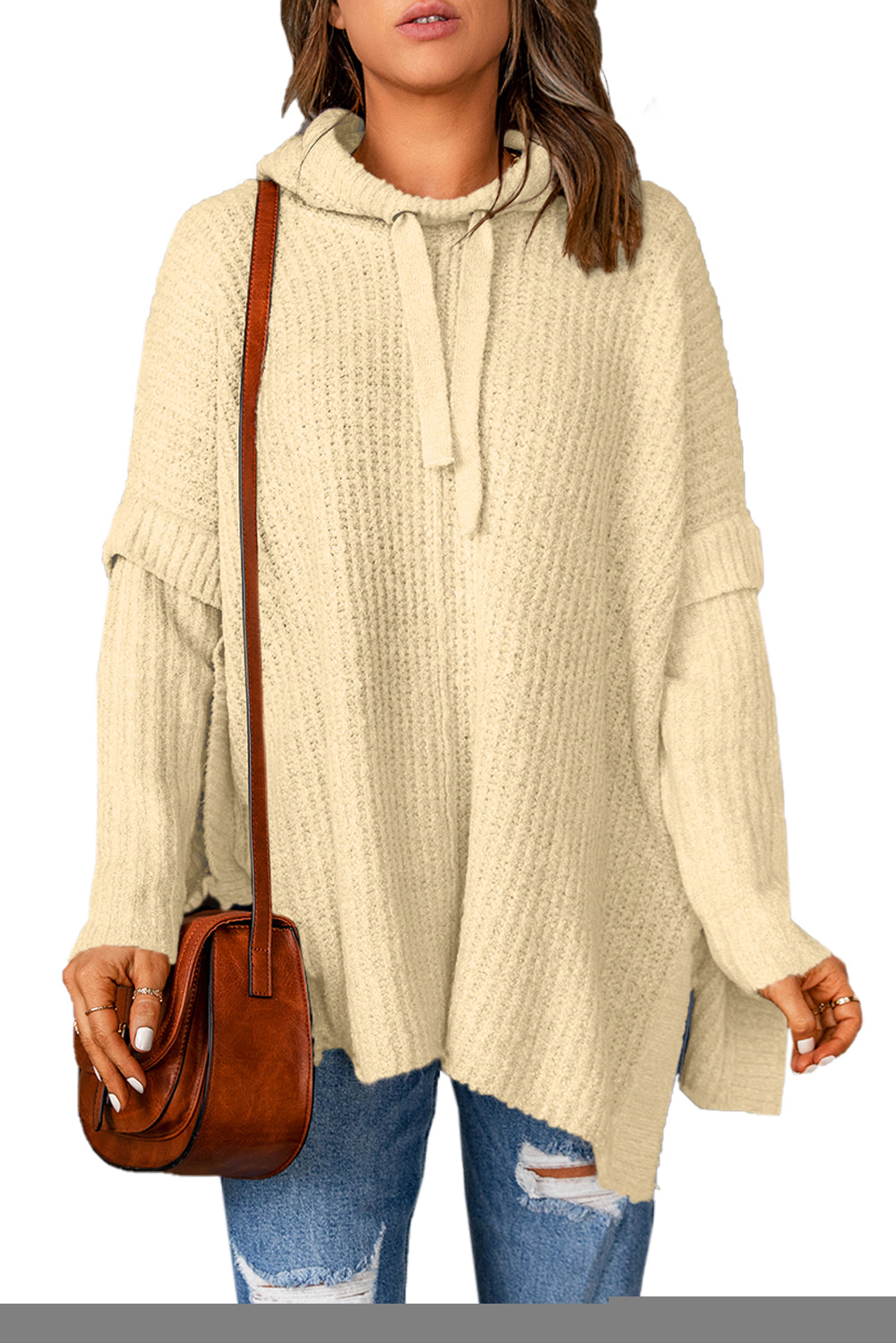 Apricot Waffle Knit Loose Slit Drawstring Hooded Sweater