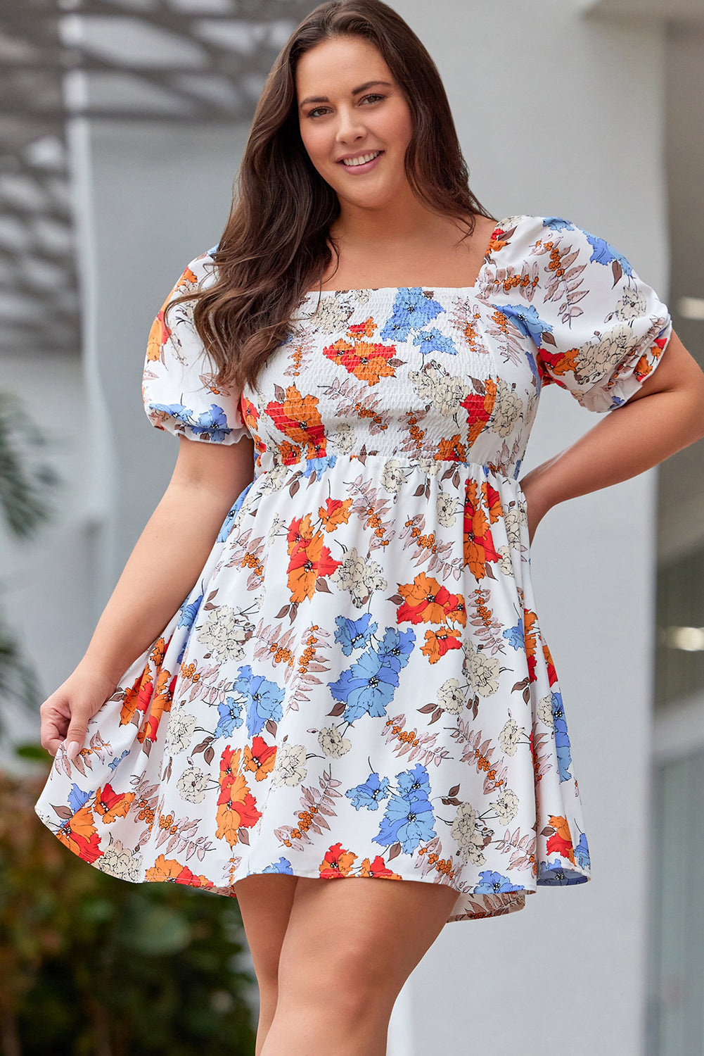 White Floral Smocked Flared Plus Size Dress