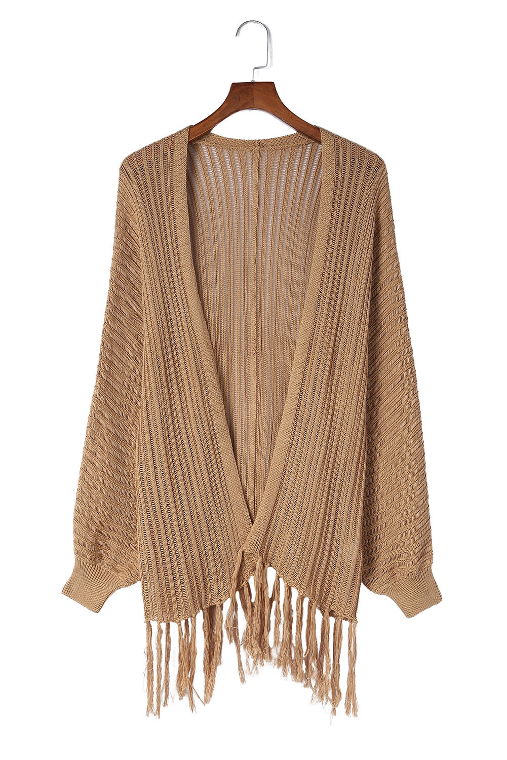 Khaki Fringe Open Front Knit Cardigan