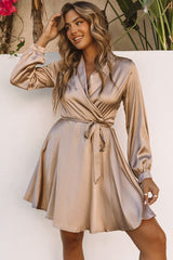 Apricot Satin V Neck Wrap Long Sleeve Dress with Tie