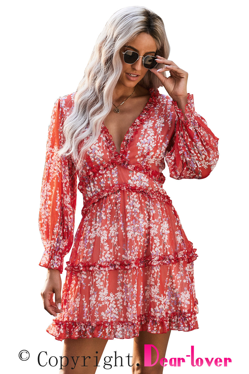 Blue Ruffle Detailing Open Back Floral Dress