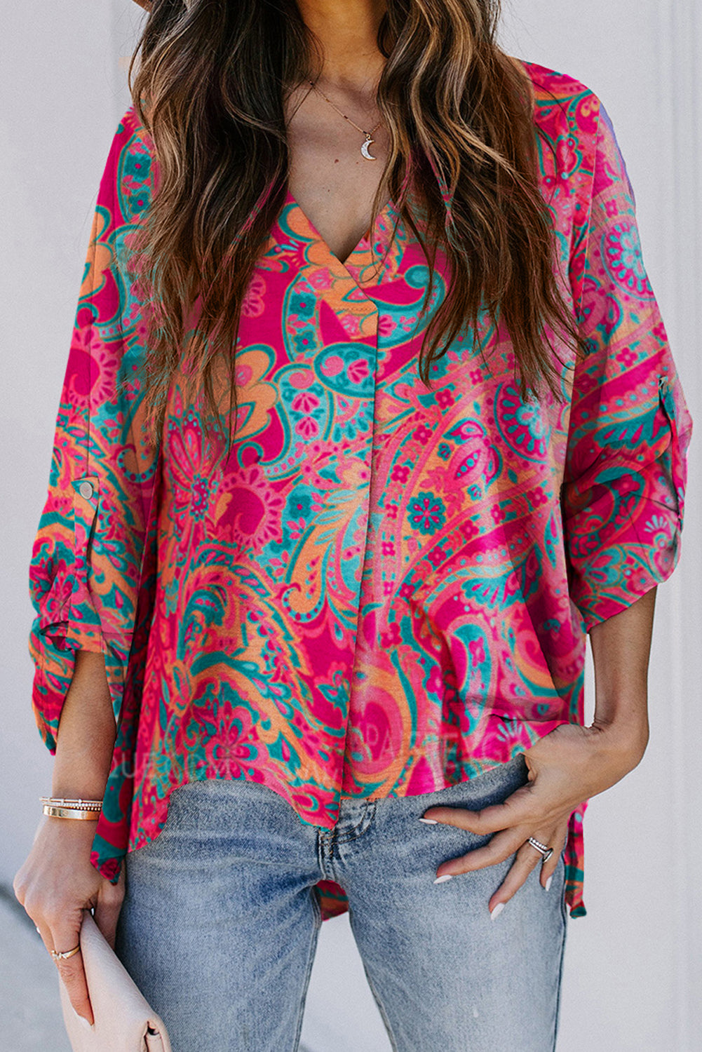 Rose Plus Size Paisley Print V Neck Roll Tab Sleeve Blouse