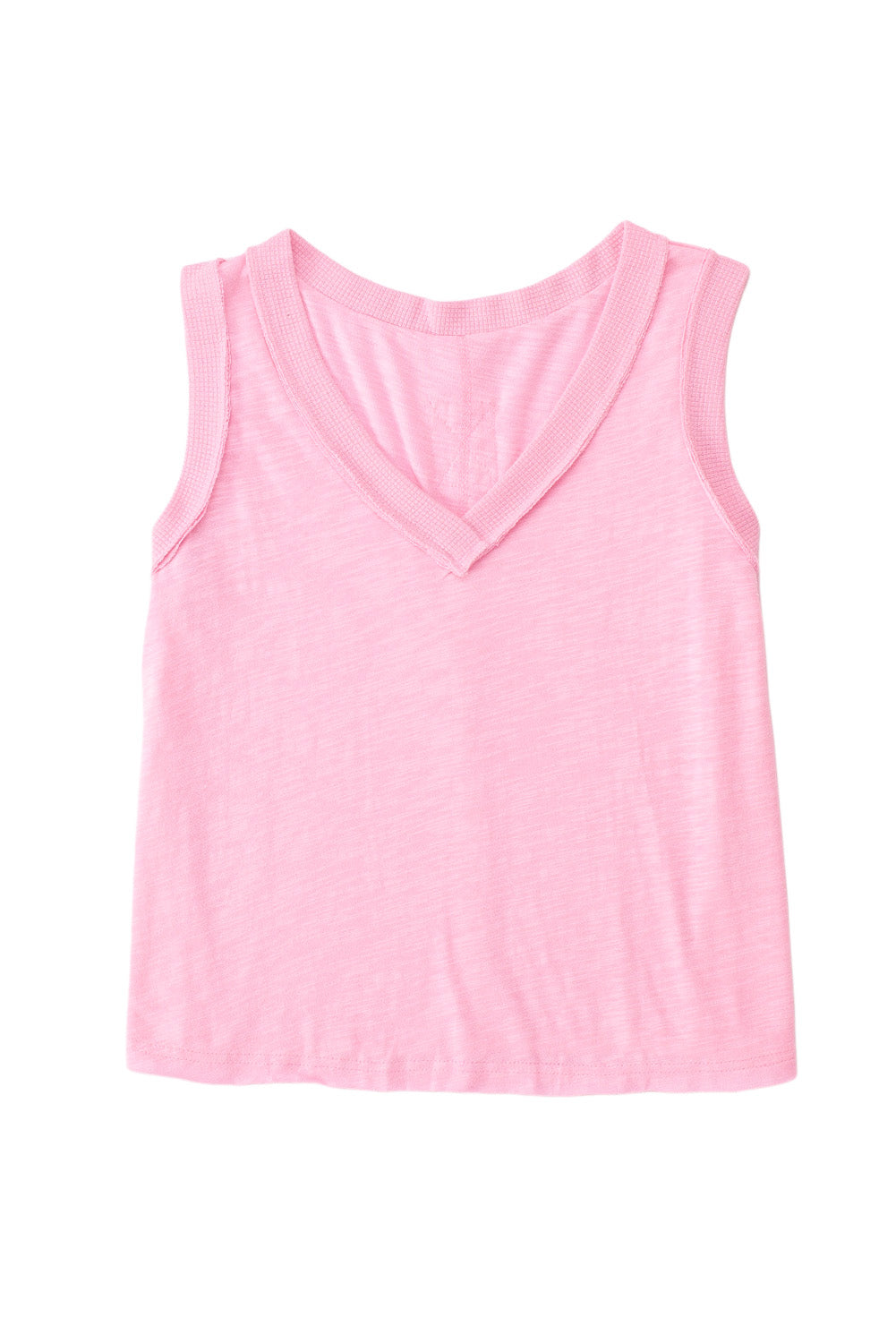 Pink V Neck Ribbed Trimming Tank Top