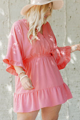 Pink Ruffled Knotted Open Back Wrap V Neck Plus Size Dress