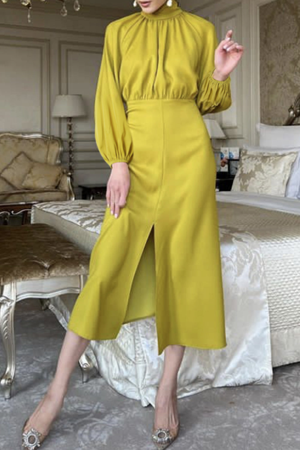 Yellow Ribbon Tie Back Long Puff Sleeve Slit Midi Dress