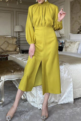 Yellow Ribbon Tie Back Long Puff Sleeve Slit Midi Dress