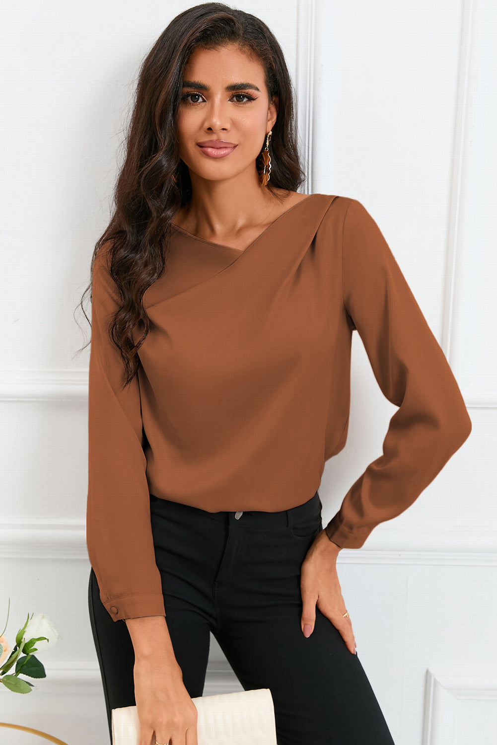 Apricot Solid Asymmetric V Neck Long Sleeve Satin Blouse