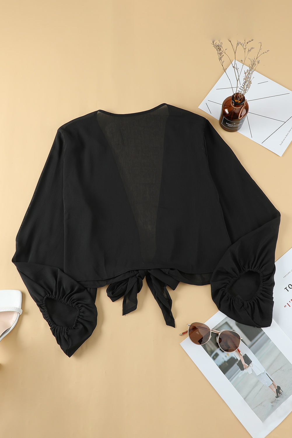 Black Plus Size Balloon Sleeve Wrap Top