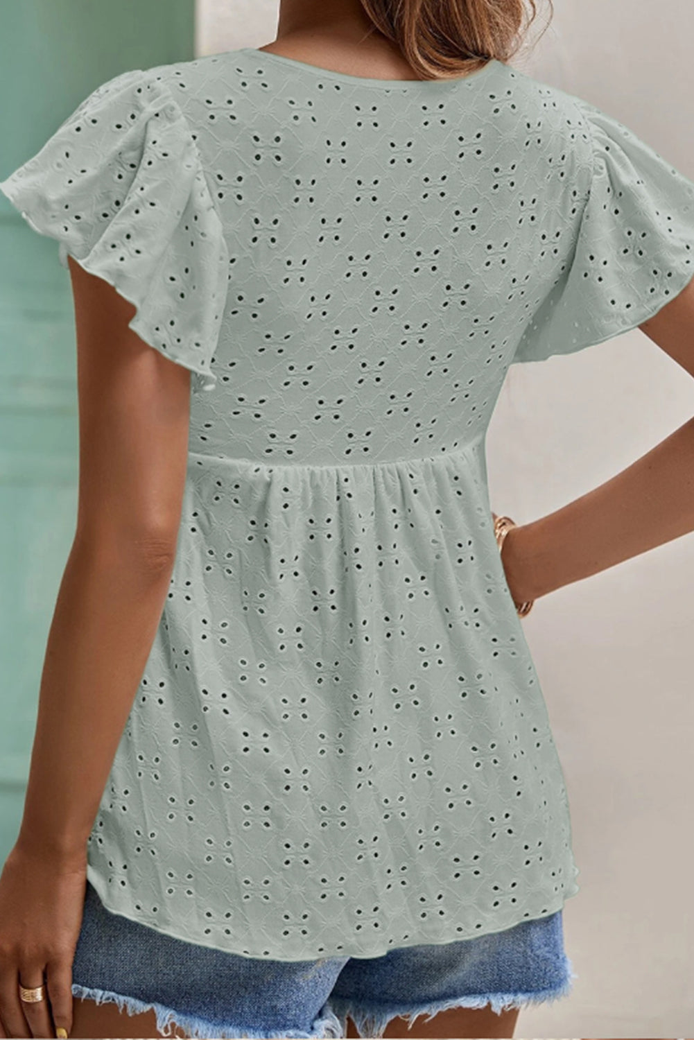 Green Jacquard Eyelets Lace-up Ruffled Short Sleeve Blouse