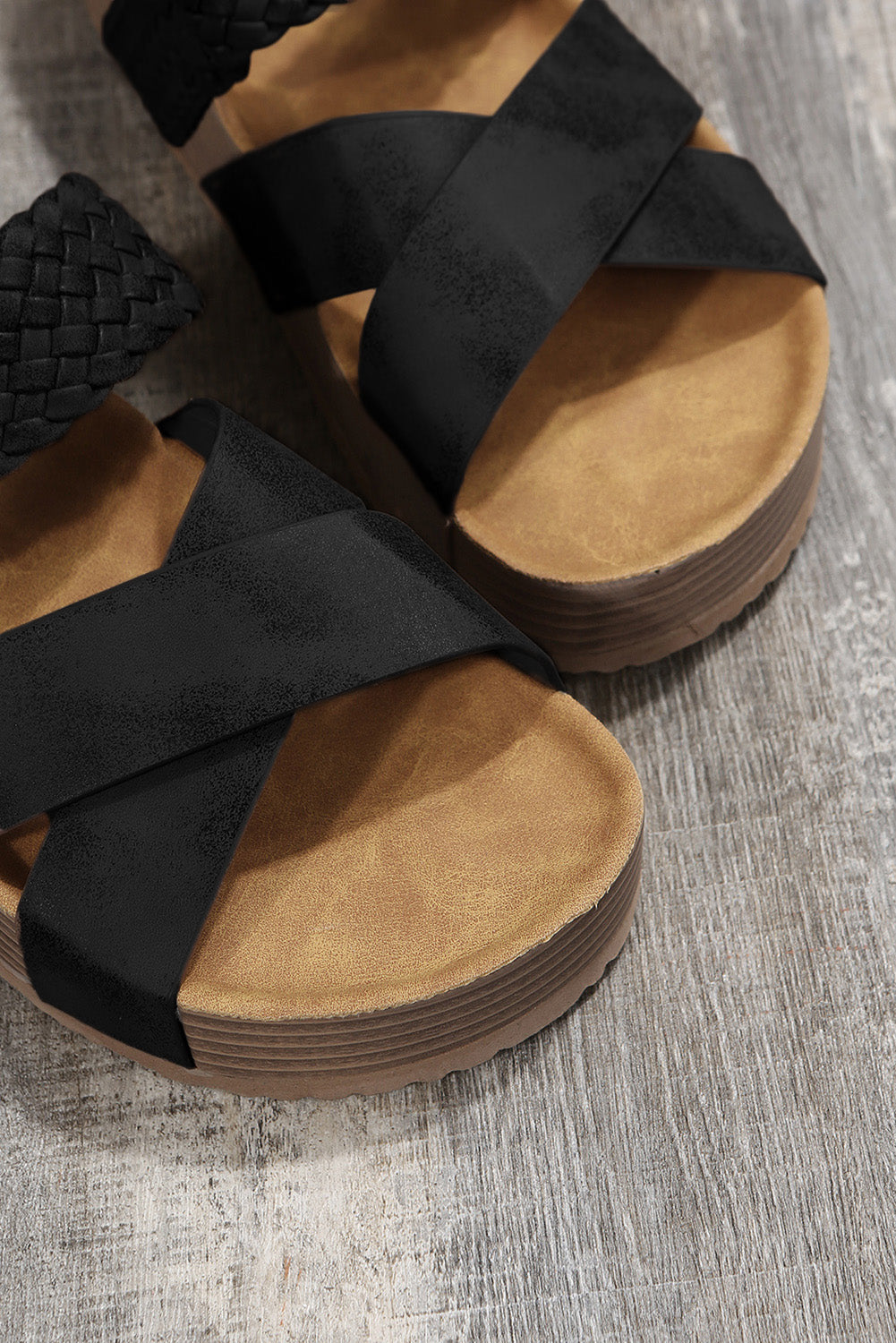 Brown Braided Detail Criss Cross Platform Slippers