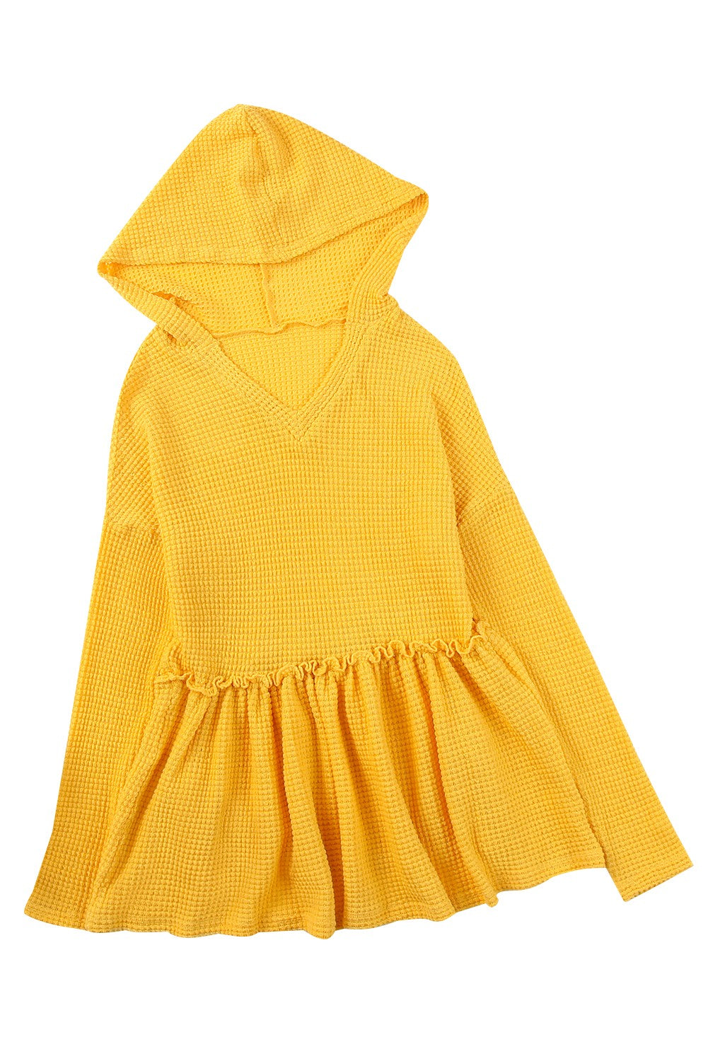 Yellow V Neck Drop Shoulder Hooded Flowy Top with Frill