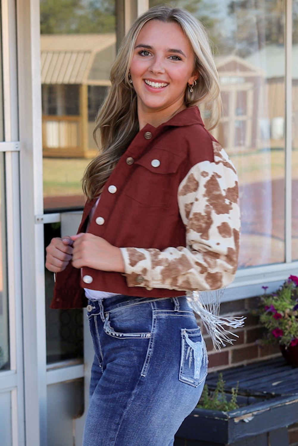 Red Abstract Print Sleeve Back Fringed Cropped Denim Jacket