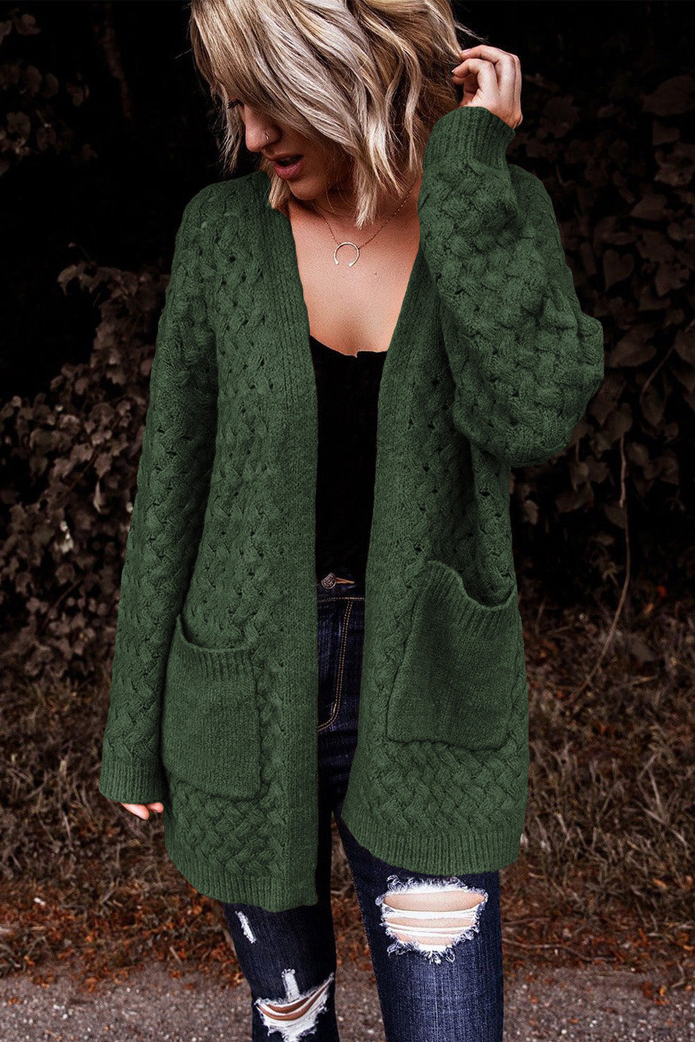 Gray Open Front Woven Texture Knitted Cardigan with Pockets