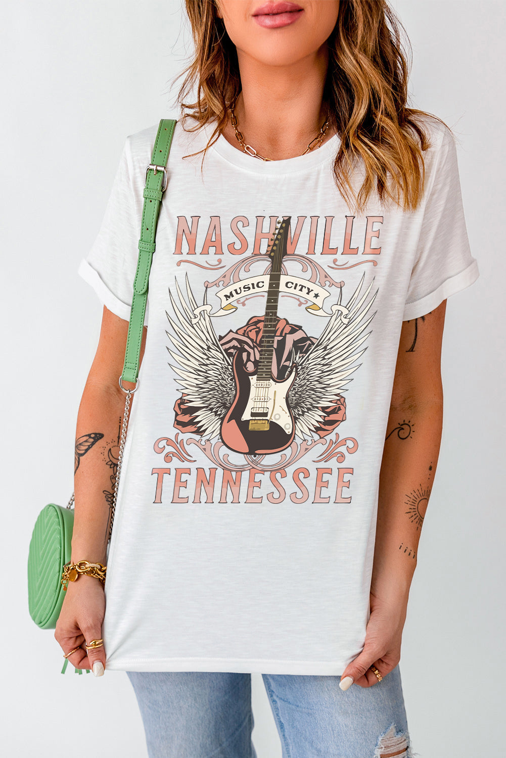 White Dreamy Music City Guitar Graphic Print Tee