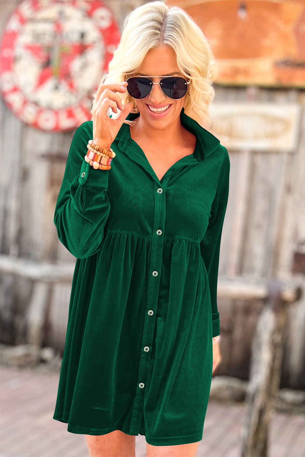 Rose Long Sleeve Ruffle Velvet Button Up Dress