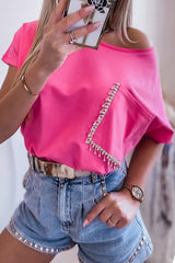 Rose Rhinestone Fringed Pocket Short Sleeve T-shirt