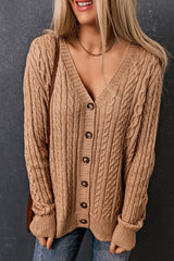 Beige Buttons Front Cable Knit Cardigan