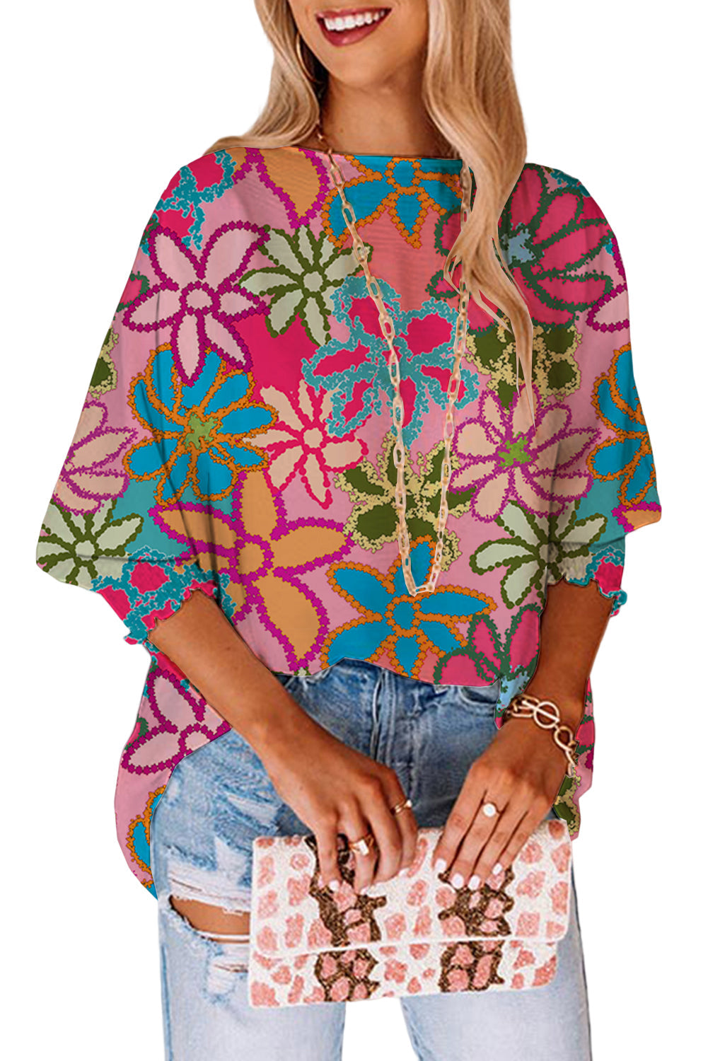 Multicolor Vibrant Floral Print Trimmed Ruffle Sleeve Blouse