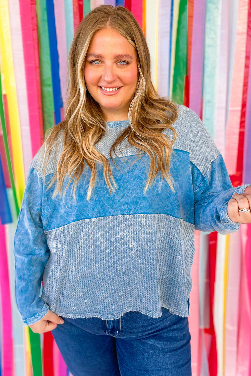 Sky Blue Plus Size Waffle Knit Patchwork Drop Shoulder Top