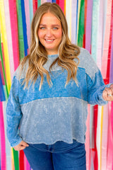 Sky Blue Plus Size Waffle Knit Patchwork Drop Shoulder Top