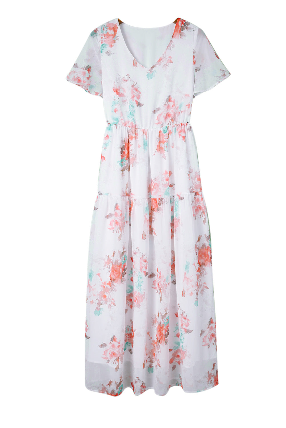 White V Neck Short Sleeves Floral Print Maxi Dress