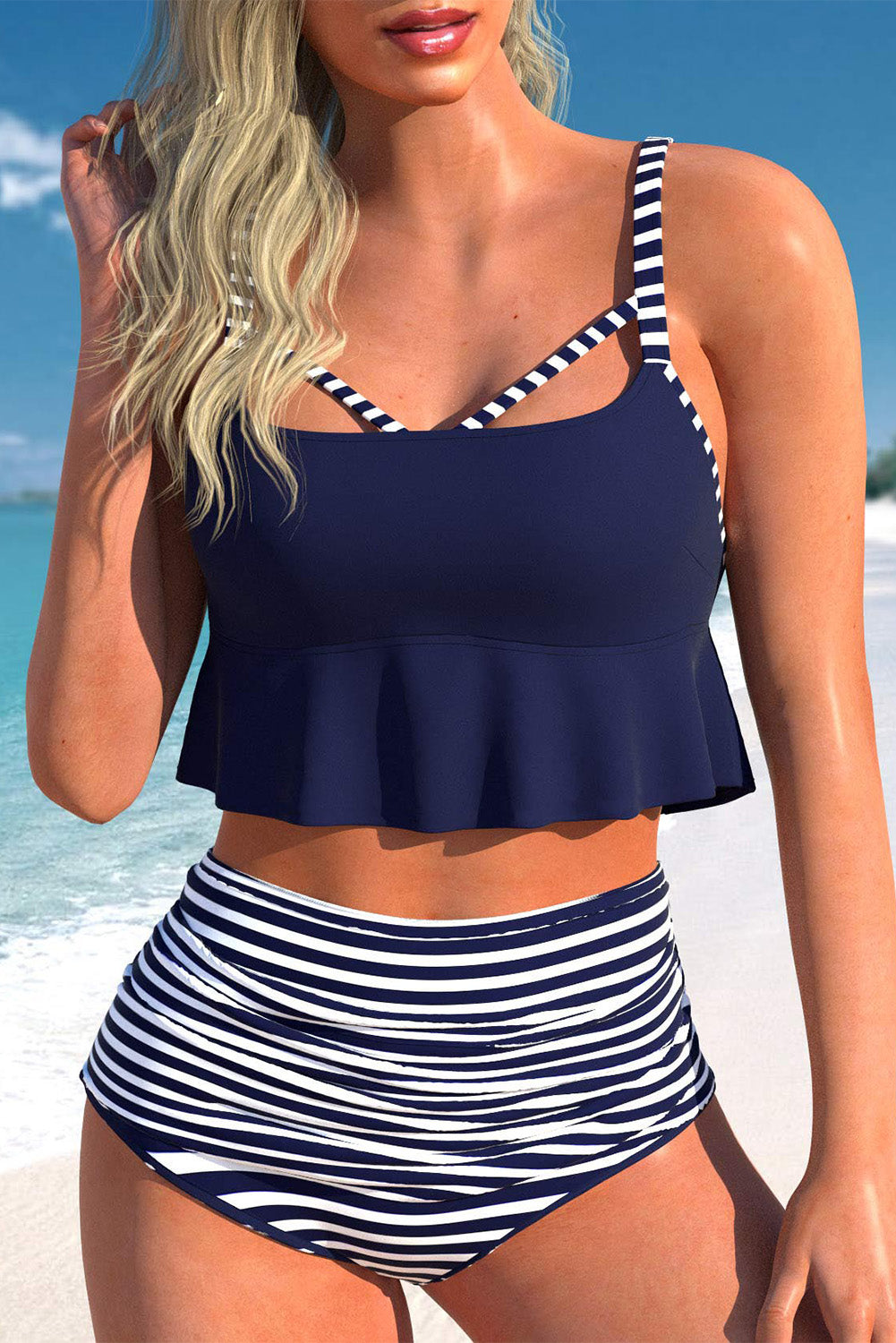 Blue Cutout Ruffle Crop Top and Striped High Waist Bikini Set