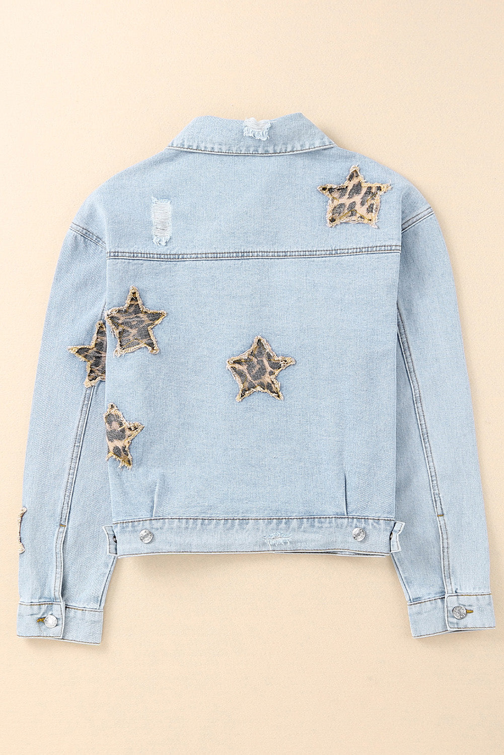 Sky Blue Leopard Star Distressed Cropped Denim Jacket