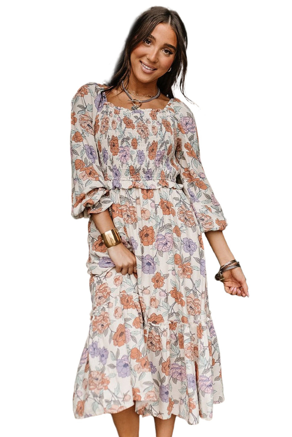 Multicolor Floral Smocked Long Sleeve Pocketed Dress