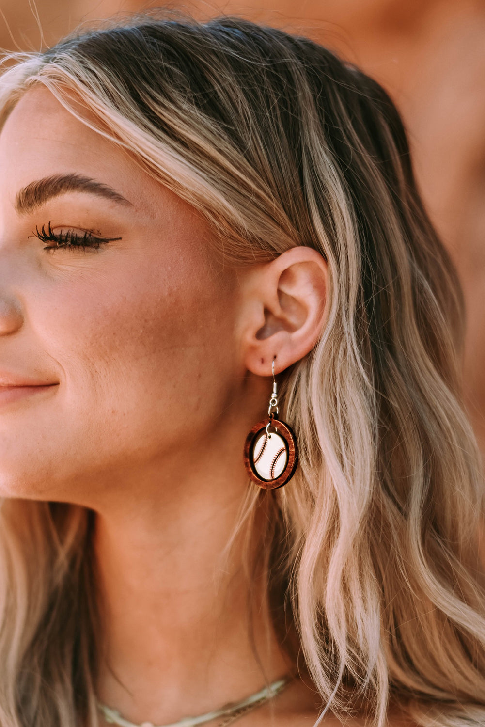 White Baseball Pattern Wood Round Drop Earrings