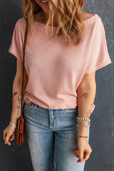 Pink Wide High Straight Neck Waffle Knit Top