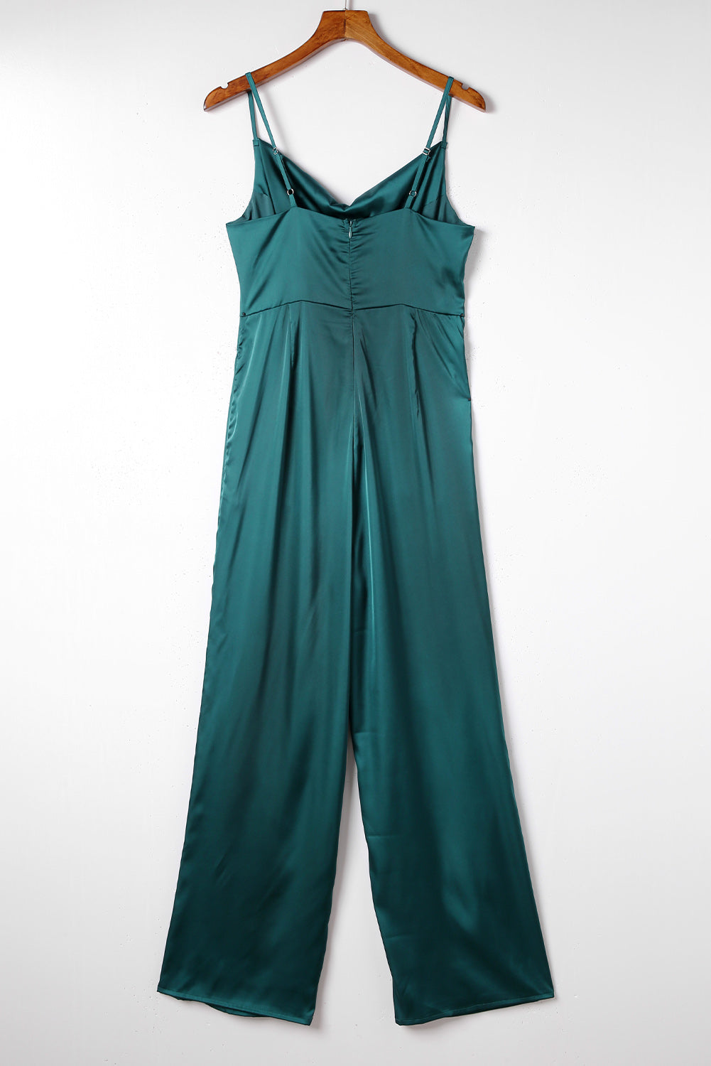 Green Spaghetti Straps Cowl Neck Satin Jumpsuit