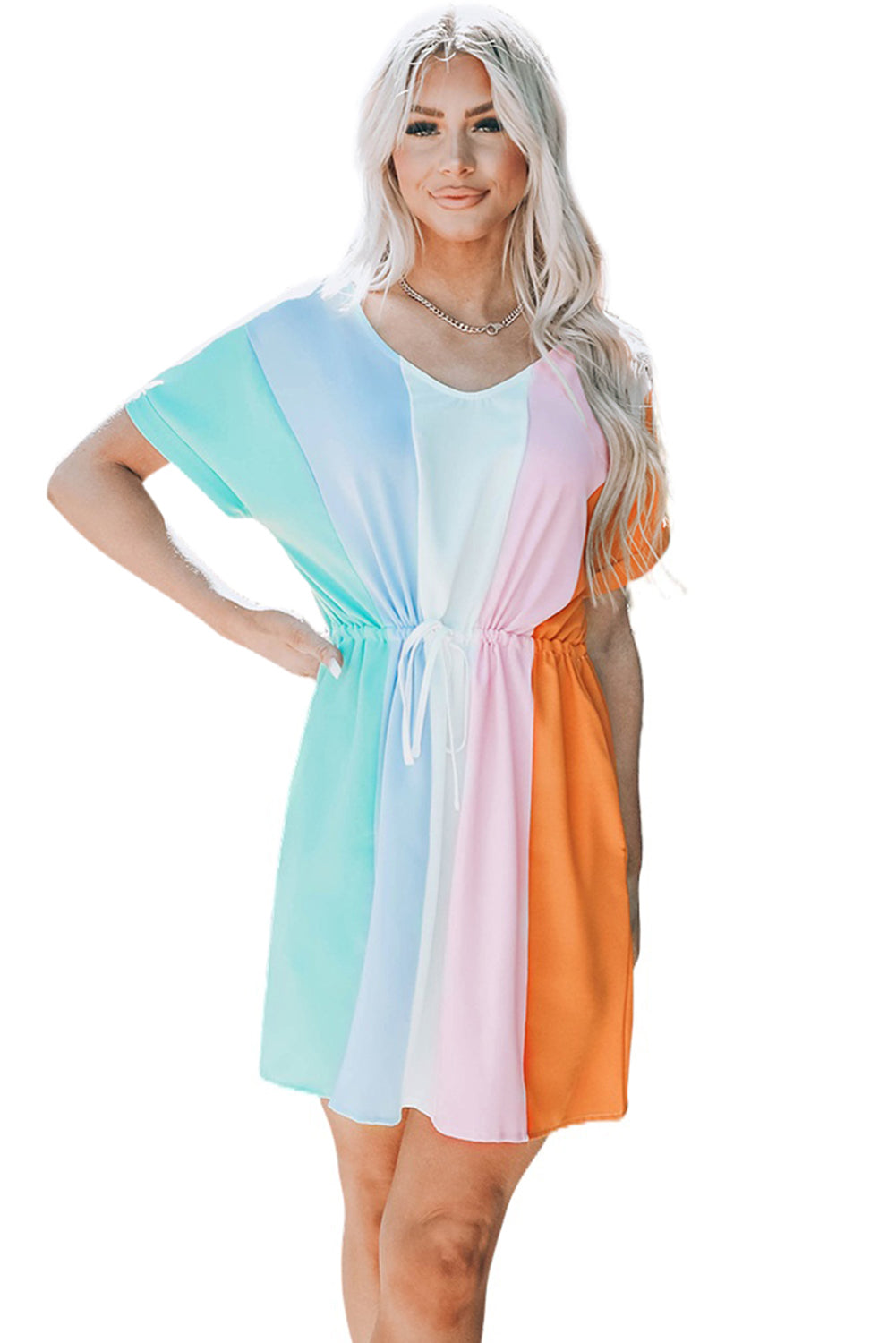 Color Block Tie Waist Rolled Short Sleeve Mini Dress with Pocket