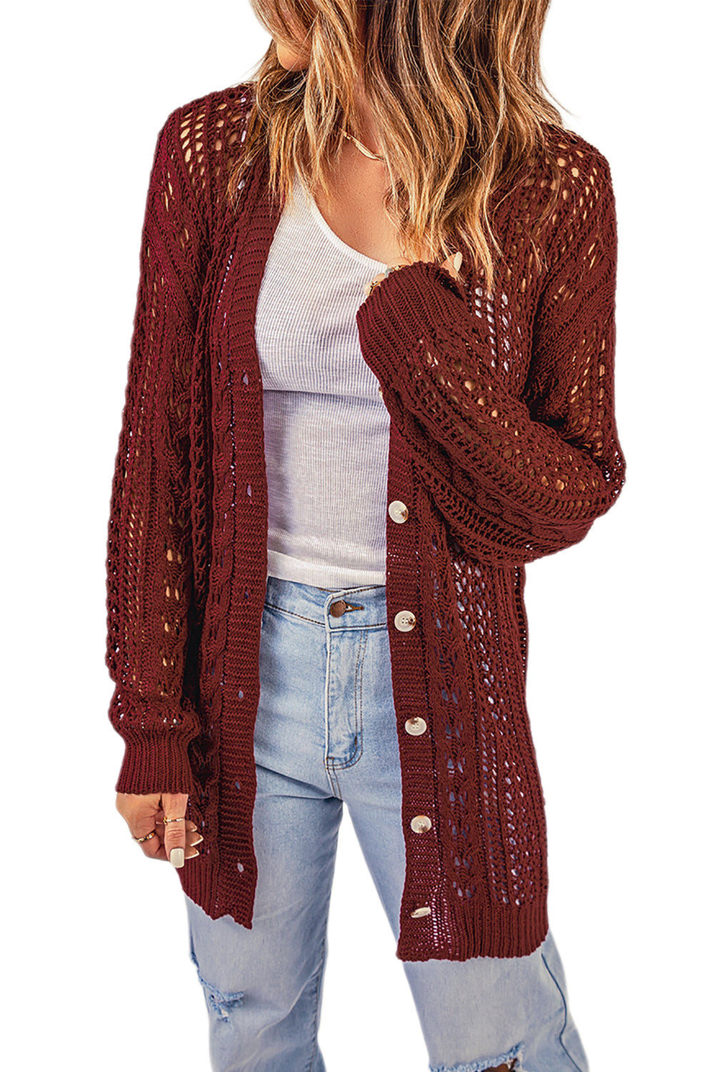 Wine Red Drop Sleeve Crochet Knit Cardigan
